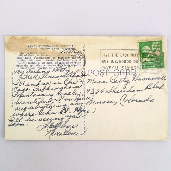 Buckingham Fountain by Night Grant Park Chicago IL 1940s Linen Postcard 1949 - Picture 2 of 2